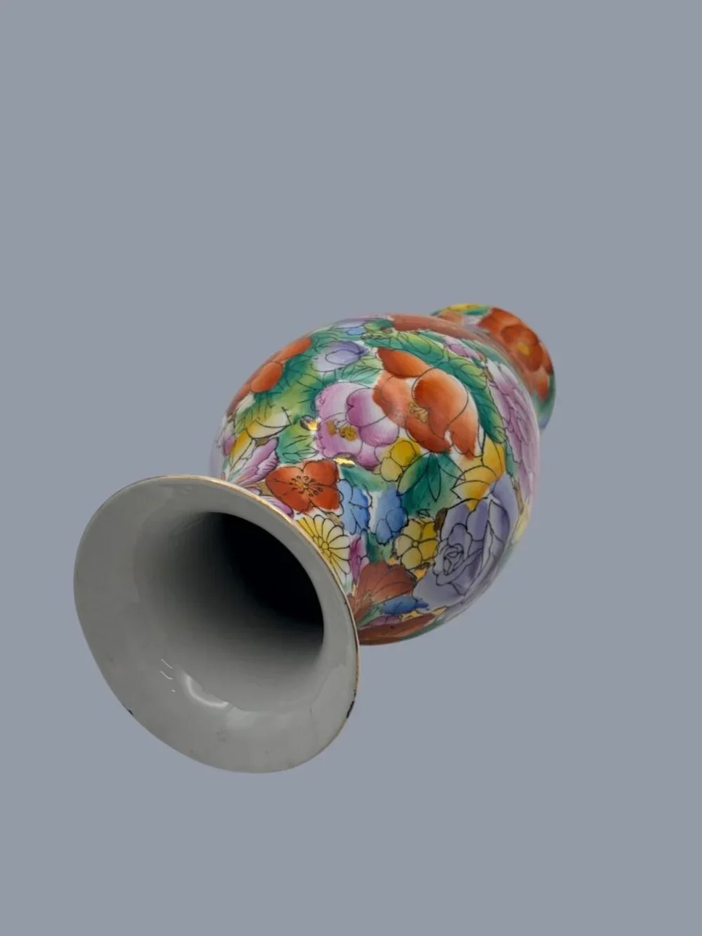 VTG Chinese Mille Fleur Rose Floral Porcelain Vase Hand Painted Gold Accents